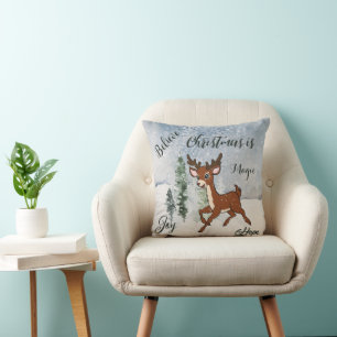 Snowy forest with a baby deer Christmas Cushion