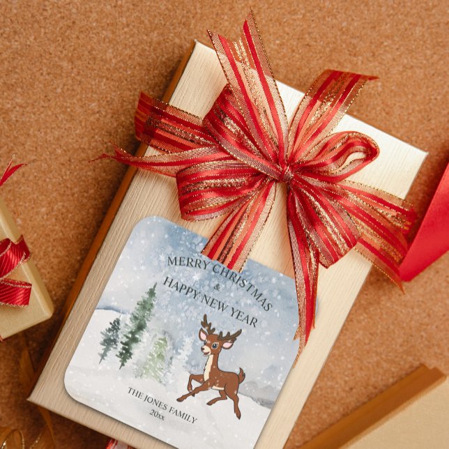 Snowy forest with a baby deer Christmas Square Sticker (Creator Uploaded)