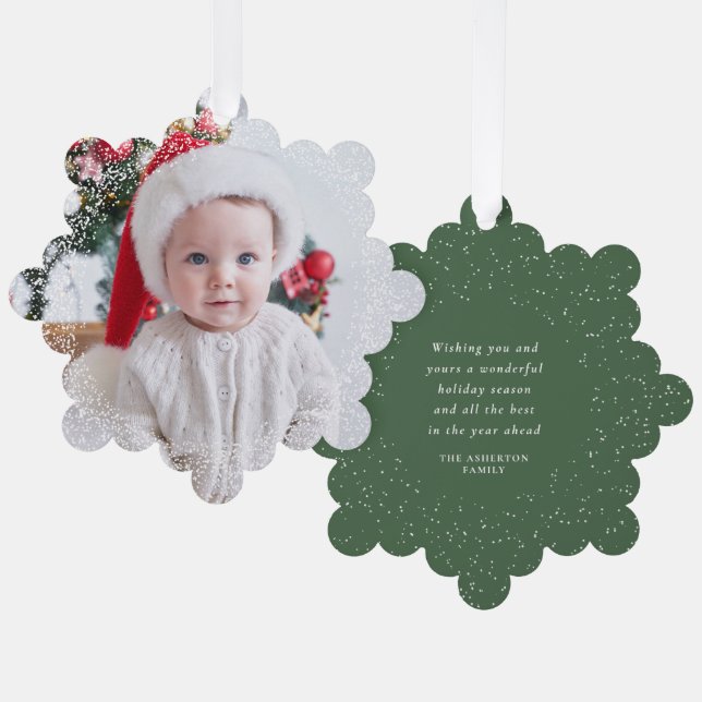 Snowy frame simple one photo green Merry Christmas Tree Decoration Card (Front/Back)