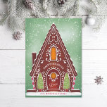 Snowy Gingerbread House Green Non-Photo Holiday Card<br><div class="desc">Original illustration of a snowy gingerbread house with cookie trees and royal icing details. Editable greeting; add your own message or photo to the back.</div>