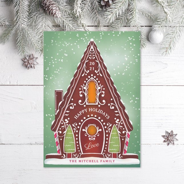 Snowy Gingerbread House Green Non-Photo Holiday Card (Creator Uploaded)