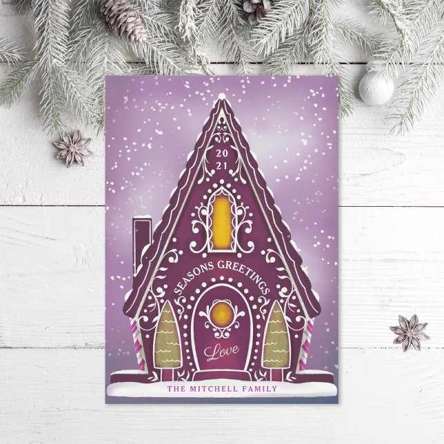 Snowy Gingerbread House Purple Non-Photo Holiday Card (Creator Uploaded)