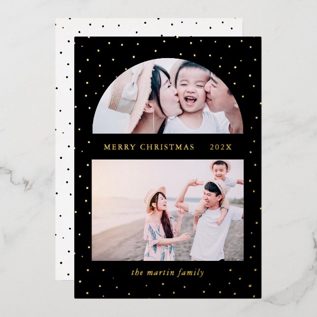 Snowy Globe Christmas Two Photo Black Foil Holiday Card (Front/Back)