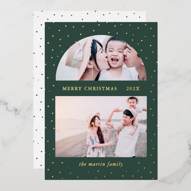 Snowy Globe Christmas Two Photo Green Foil Holiday Card (Front/Back)