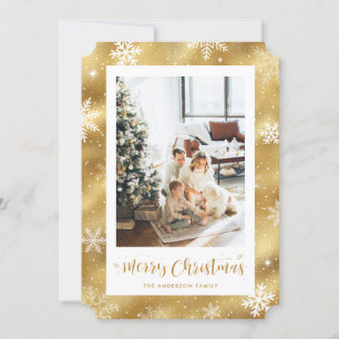 Snowy Gold Foil Photo Merry Christmas Holiday Card