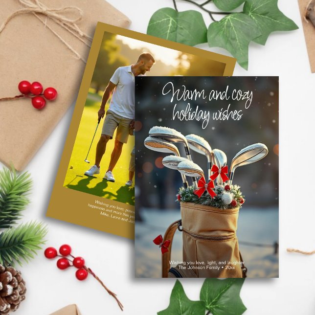Snowy Golf Winter Season Wishe • Family Photo Gold Holiday Card (Creator Uploaded)