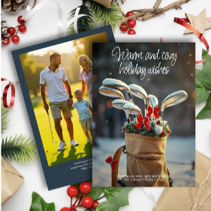 Snowy Golf Winter Season Wishe • Family Photo Navy Holiday Card