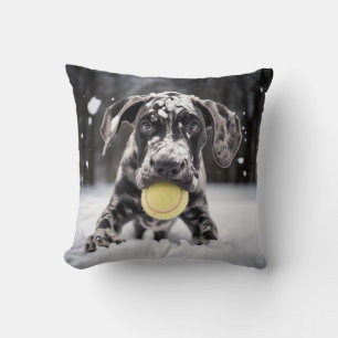 🐕 Snowy Great Dane puppy with🎾 tennis balls Cushion
