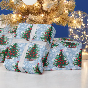 Snowy Green Christmas Trees Blue Snowflakes Wrapping Paper