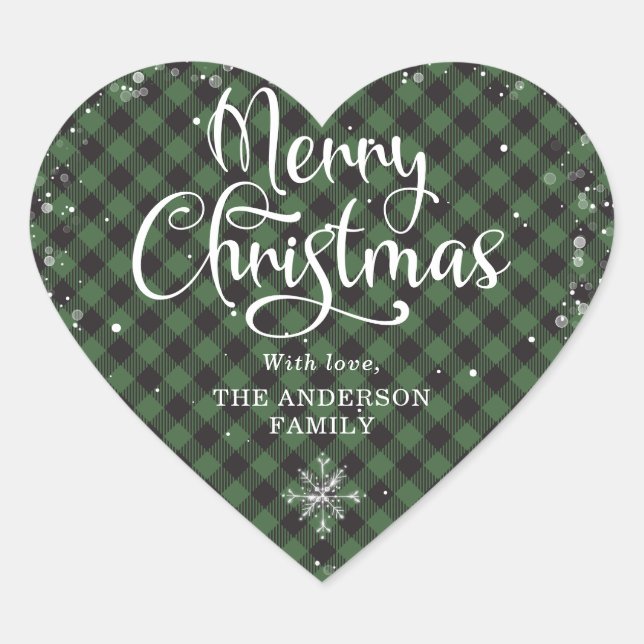 Snowy Green Plaid Calligraphy Merry Christmas Heart Sticker (Front)