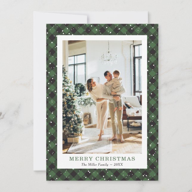 Snowy Green Plaid Photo Merry Christmas Card (Front)