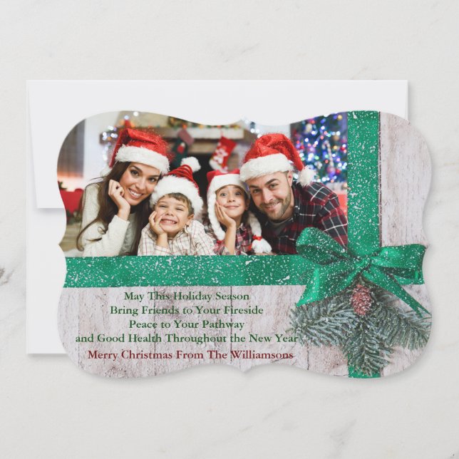 Snowy Green Ribbon and Bow on Wood Fancy Photo Holiday Card (Front)