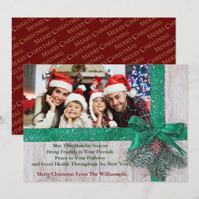 Snowy Green Ribbon and Bow on Wood Photo Holiday Card (Front/Back)