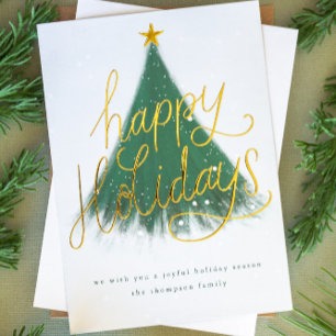 Snowy Happy Holidays Tree Forest Green Photo Gold Foil Holiday Card