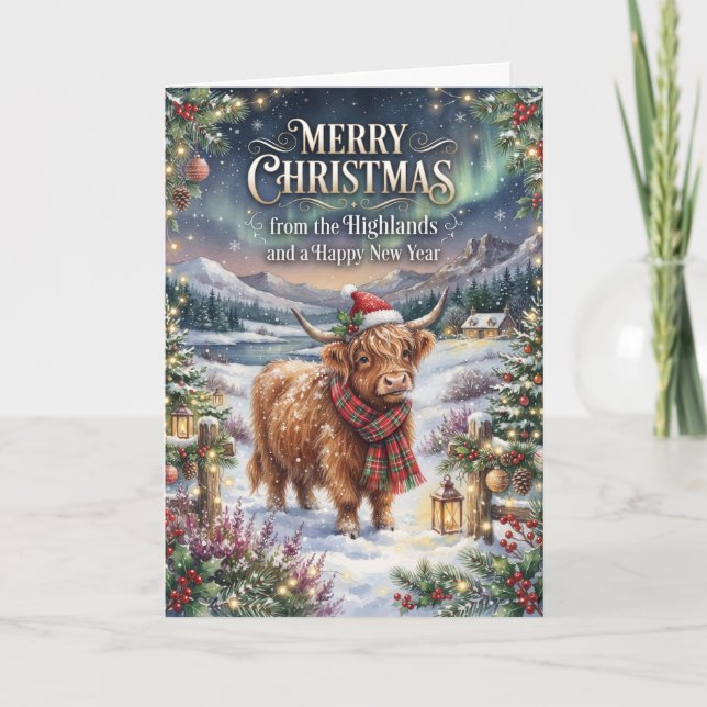 Snowy Highland Cow Christmas Card (Front)