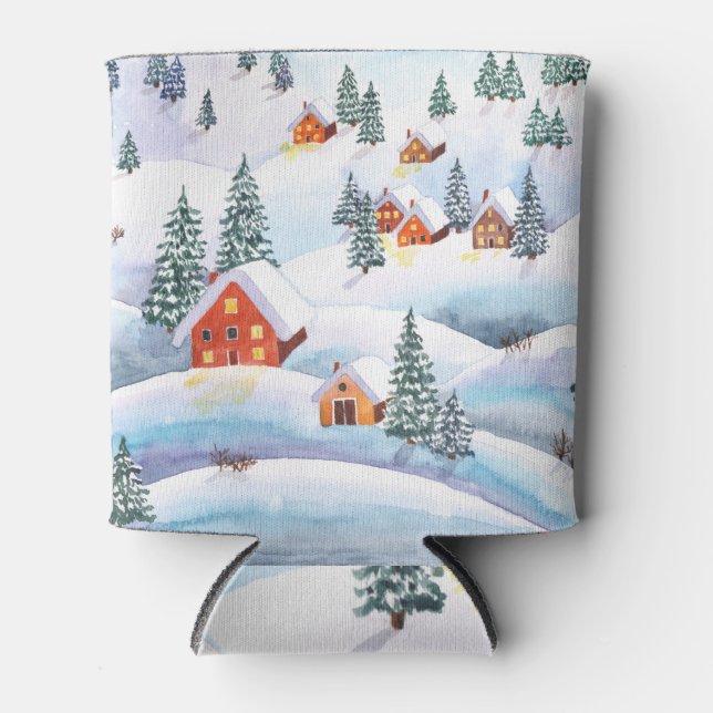 Snowy hills, houses: watercolor landscape can cooler (Front)