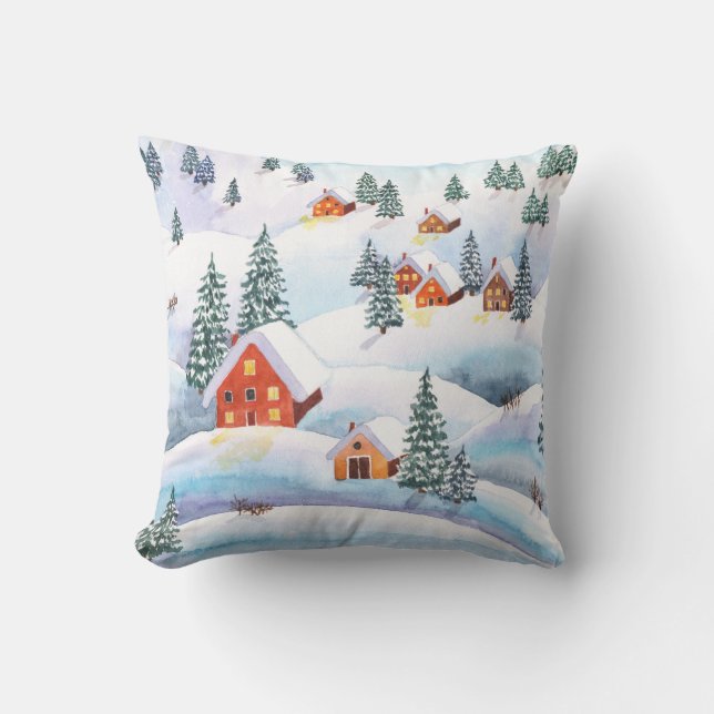 Snowy hills, houses: watercolor landscape cushion (Front)