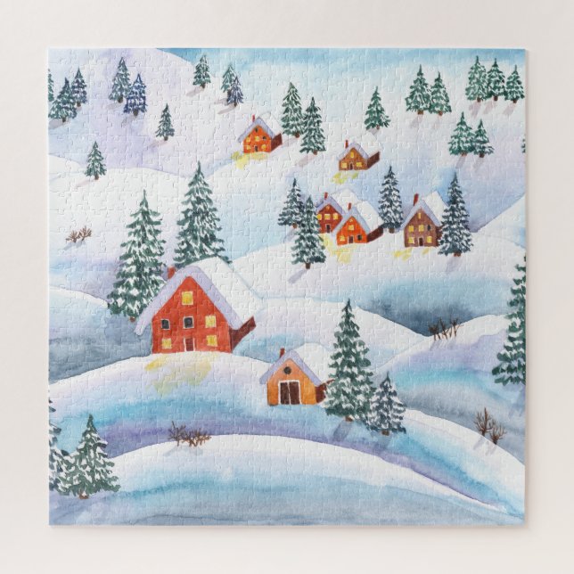 Snowy hills, houses: watercolor landscape jigsaw puzzle (Vertical)