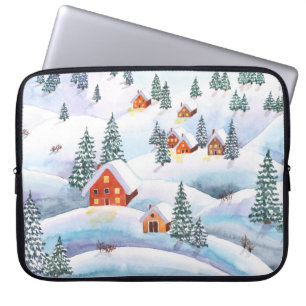 Snowy hills, houses: watercolor landscape laptop sleeve
