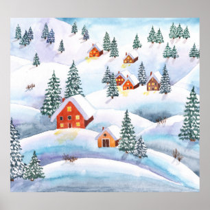 Snowy hills, houses: watercolor landscape poster