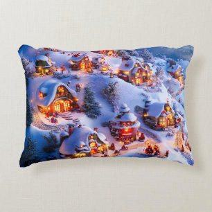 Snowy Hills Whimsical Christmas Village Decorative Cushion