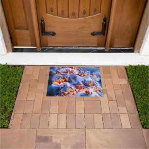 Snowy Hills Whimsical Christmas Village Doormat