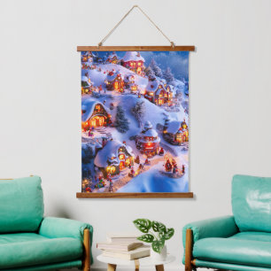 Snowy Hills Whimsical Christmas Village Hanging Tapestry