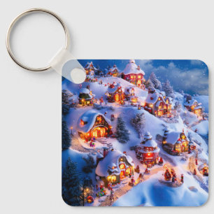Snowy Hills Whimsical Christmas Village Key Ring