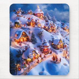 Snowy Hills Whimsical Christmas Village Mouse Pad