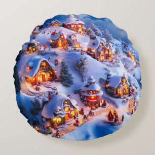 Snowy Hills Whimsical Christmas Village Round Cushion