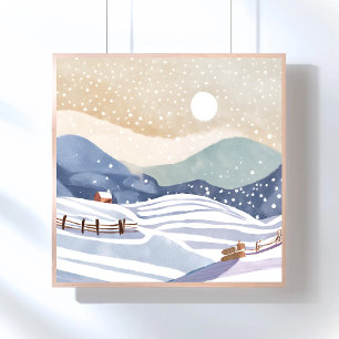 Snowy Hillside Watercolor Winter Poster
