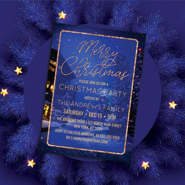 Snowy Holiday Lights Tree Scenery Christmas Party Invitation (Creator Uploaded)
