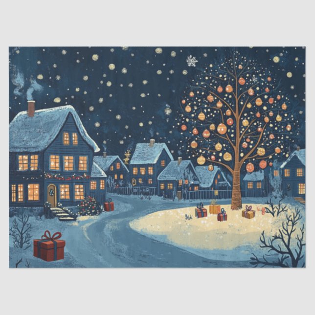 Snowy Houses with Festive Lights Tissue Paper (Front)