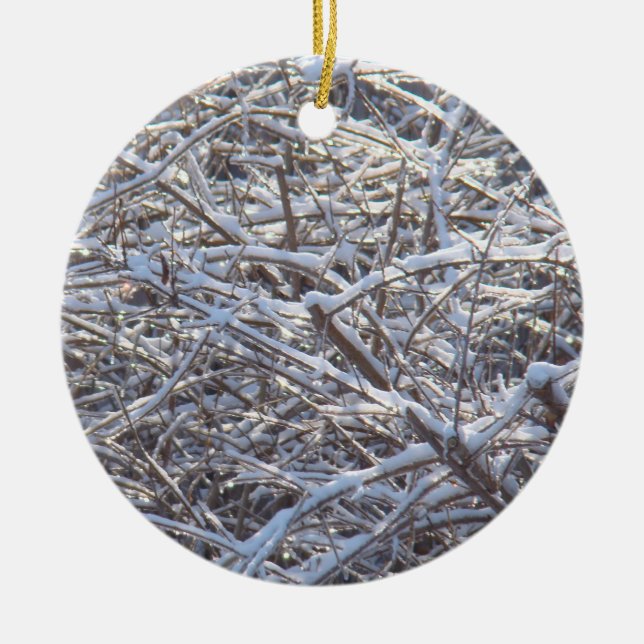 Snowy Ice Branches in Winter Ceramic Ornament (Front)