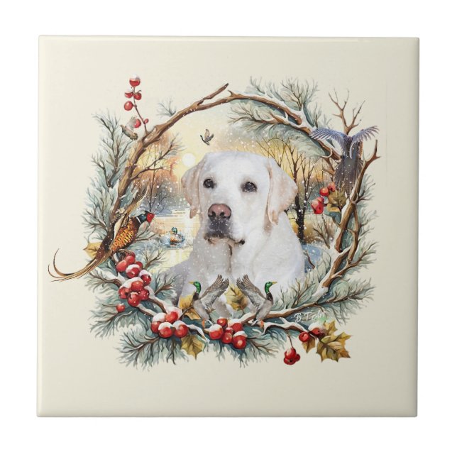 Snowy Labrador Retriever Holiday Ceramic Tile (Front)