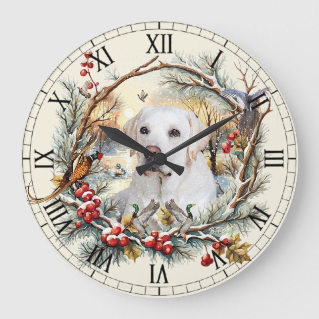 Snowy Labrador Retriever Holiday Large Clock (Front)