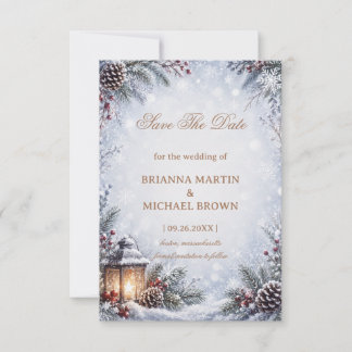 Snowy Lantern Pinecone Winter Romance Save The Date
