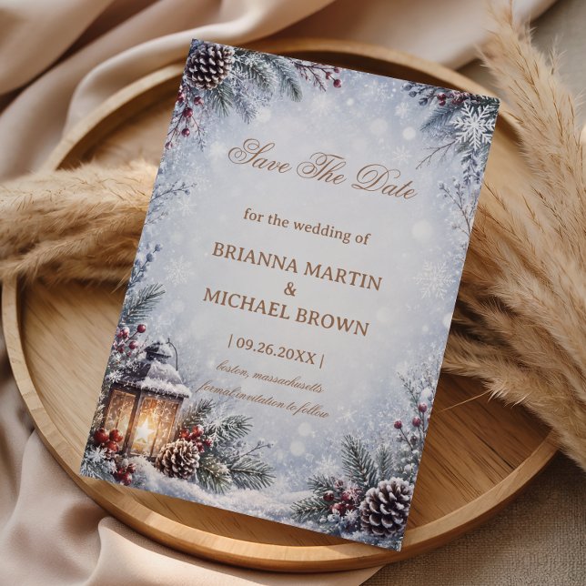 Snowy Lantern Pinecone Winter Romance Save The Date (Creator Uploaded)