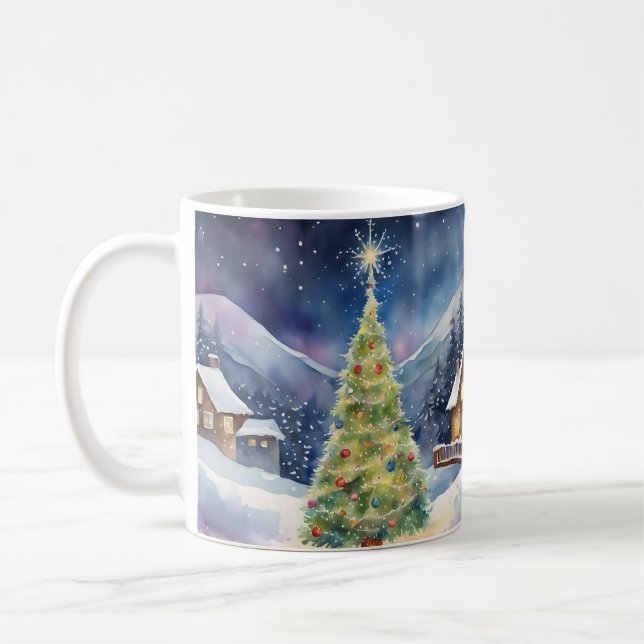 Snowy Lighted Christmas Tree Winter Village Coffee Mug (Left)