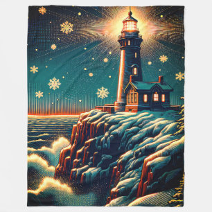 “Snowy Lighthouse on Cliff” Fleece Blanket