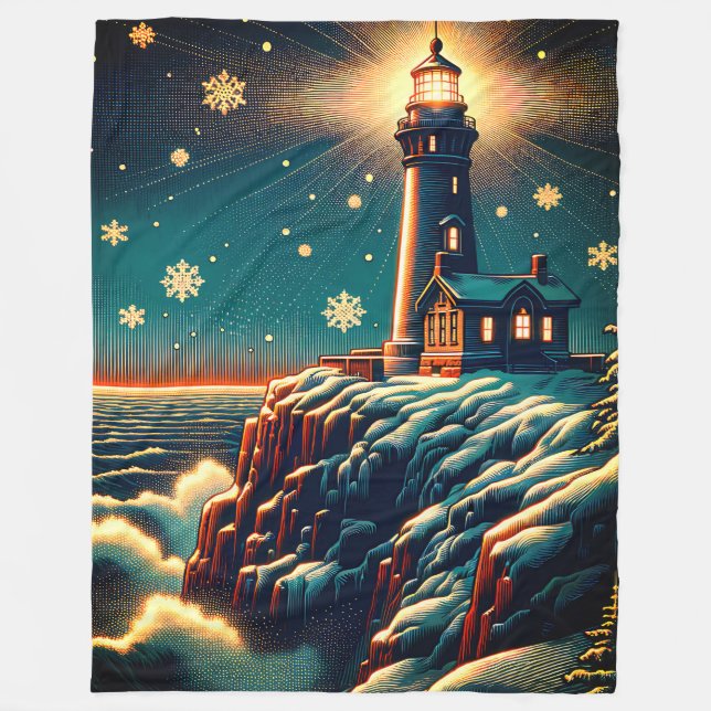“Snowy Lighthouse on Cliff” Fleece Blanket (Front)