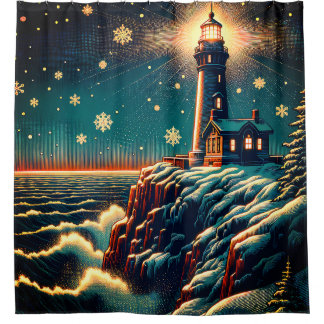 “Snowy Lighthouse on Cliff” Shower Curtain