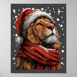 Snowy Lion With Snow Santa Hat Winter Christmas An Poster