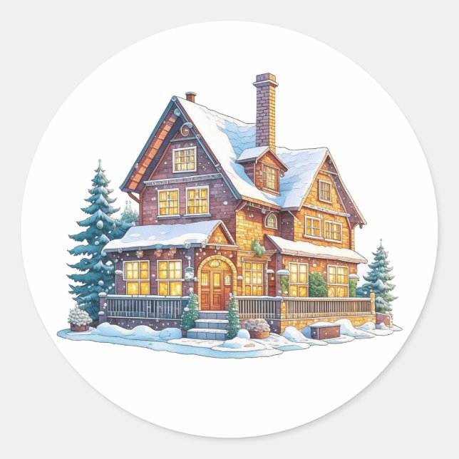 Snowy Log Cabin Christmas Classic Round Sticker (Front)