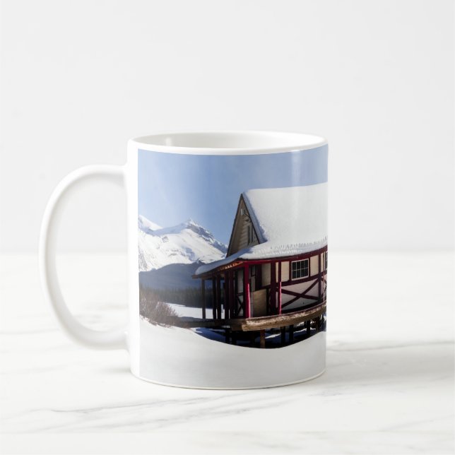 Snowy Maligne Lake Boat House Coffee Mug (Left)