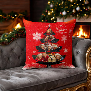 Snowy Merry Christmas Family Photo Tree Cushion