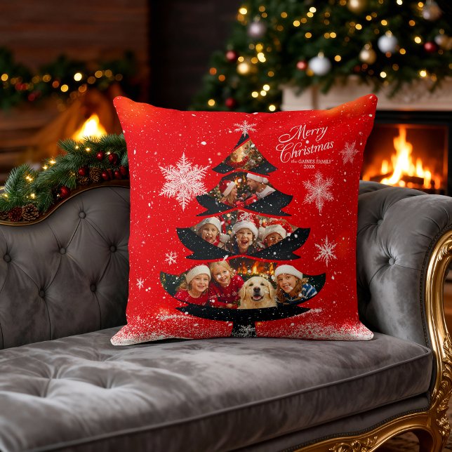 Snowy Merry Christmas  Family Photo Tree Cushion (Creator Uploaded)