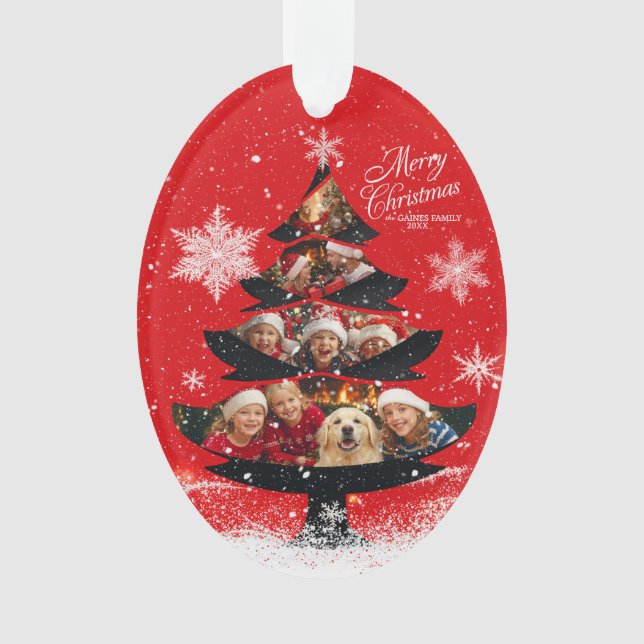 Snowy Merry Christmas Family Photo Tree Ornament (Front)