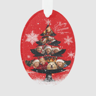 Snowy Merry Christmas Family Photo Tree Ornament