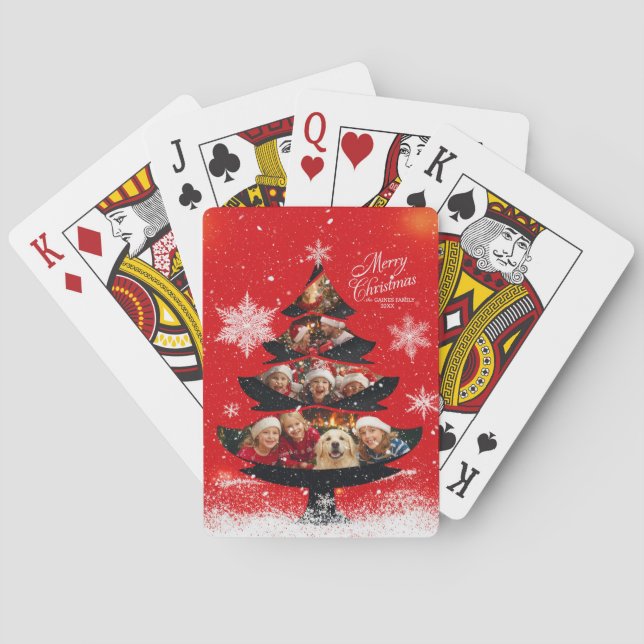 Snowy Merry Christmas Family Photo Tree Playing Cards (Back)